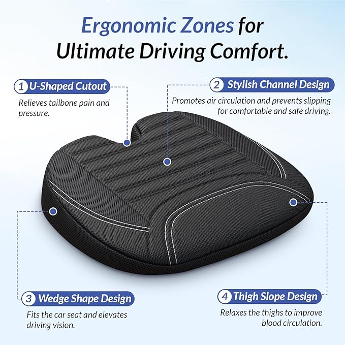 ZIKEE All-Season Car Seat Cushion for Comfortable & Safe Driving, Breathable Seat Cushion for Car with Ventilated Channel & Mesh Cover, Memory Foam for Sciatica, Tailbone & Back Pain Relief, Anti-Slip
