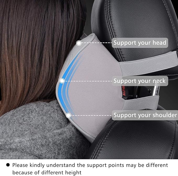 Aukee Memory Foam Car Neck Pillow Soft Leather Car Headrest for Driving Home Office Gray (Pack of 2)