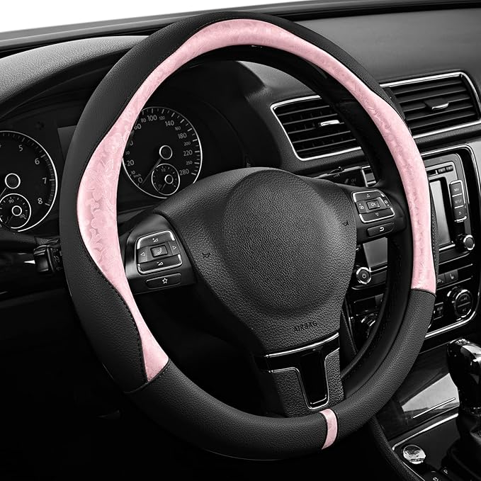 PIC AUTO Steering Wheel Cover, Pink Patterned & Black Leather Patchwork Design, Universal Fit 14.5"–15.5", Anti-Slip, Odor-Free, Soft PU Grain Leather, Durable Grip Car Accessory for Girls & Women