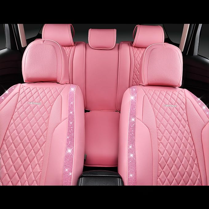 CAR PASS Pink Nappa Leather Car Seat Covers for Full Seats, Bling Diamond Waterproof Seat Protectior Universal Fit Auto SUV Sedan Truck Glitter Sparkly Shining Rhinestone for Women Girl, Pink Leather