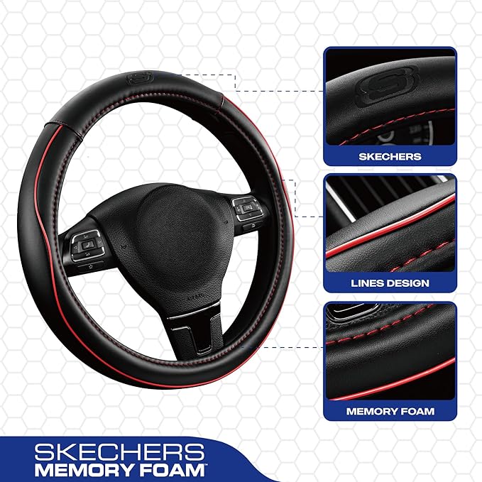 Skechers Memory Foam Steering Wheel Cover,Piping Microfiber Leather Steering Wheel Cover Sporty Universal Fit 14" 1/2-15" Car Wheel Protector for Men Women Fit Suvs,Vans,Sedans,Car,Trucks,Red