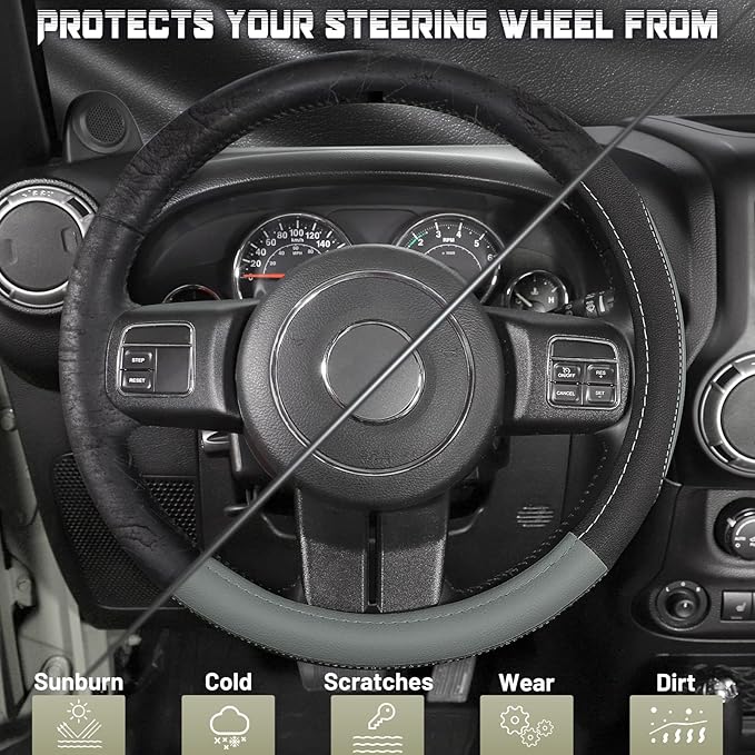 SEG Direct Car Steering Wheel Cover for F-150 Tundra Range Rover 15.5-16 inch, Black and Gray Microfiber Leather