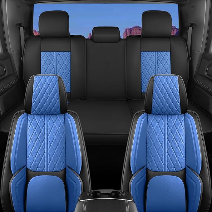 Car Seat Cover Custom Fit for Ford F150 2009-2026 Faux Leather Seat Cover Set Compatible with Regular Cab Super Cab Super Crew Pickup Truck Cushions (Black & Blue, Front Seat)