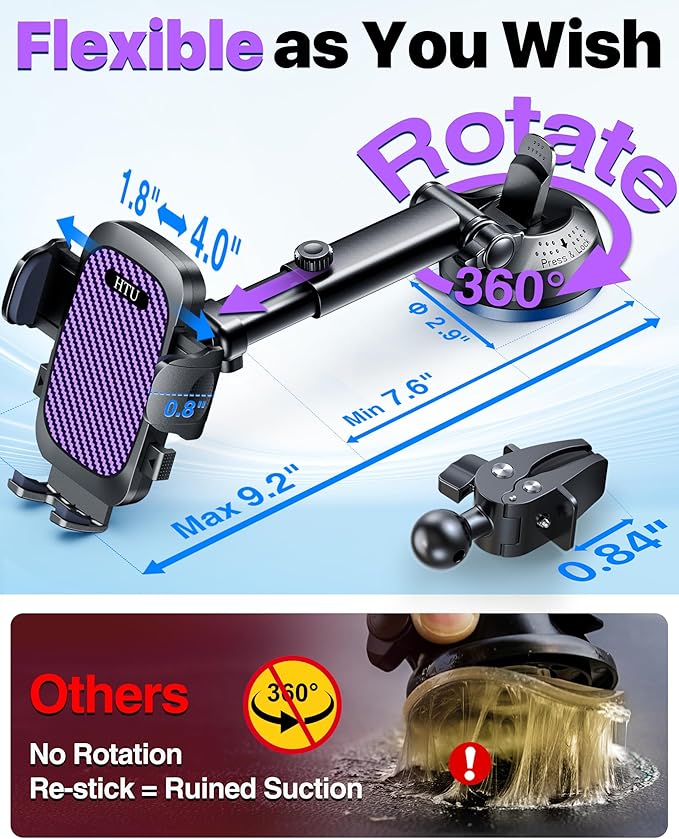 HTU 2026 Ultimate Best【True Military-Grade & Safety Cert】Car Phone Holder【Upgraded 360 Rotation & 100+LBS Strongest Suction】5-in-1 Truck Windshield Dashboard Vent Mount Stand for iPhone Android,Purple
