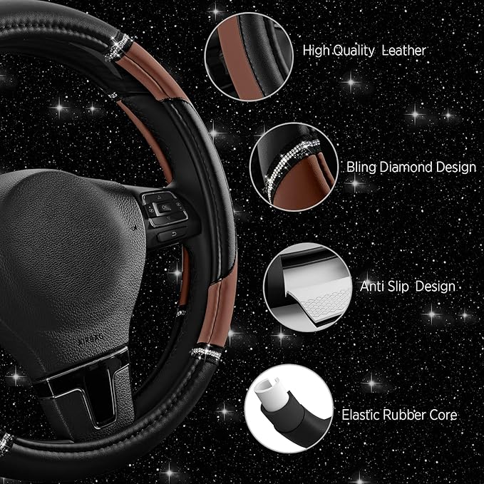Road Comforts Leather Steering Wheel Cover - Made with PVC Leather - Anti-Slip, Universal Fit 14 1/2 inches to 15 inches - Brown