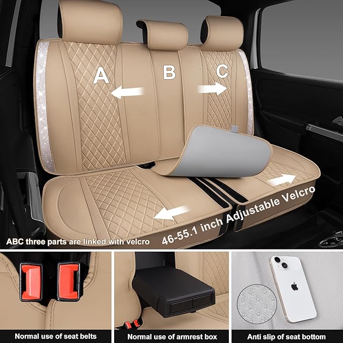 CAR PASS Beige Leather Bling Car Seat Covers Full Set, Luxury Microfiber Nappa PU Cushioned, Waterproof Anti-Slip Universal Fit for Auto SUV Sedan Sparkly Glitter Shining Rhinestone, Beige Diamond