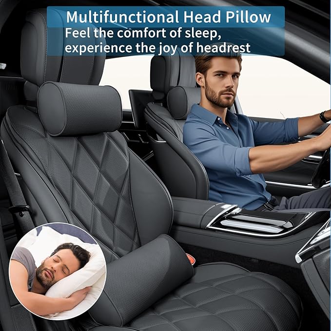 Car Headrest Pillow for Driving - Luxury Leather 100% Memory Foam, Ergonomic Neck Support - Universal Fit Head Rest Travel Pillow for Most Cars, Home & Office, Black, 2 Pack