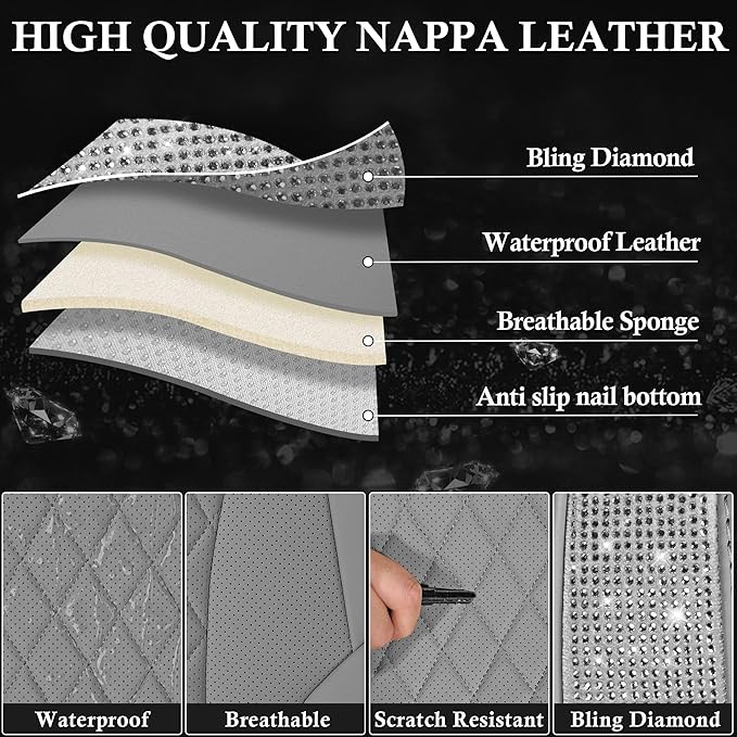 CAR PASS Gray Leather Bling Car Seat Covers Full Set, Luxury Microfiber Nappa PU Cushioned, Waterproof Anti-Slip Universal Fit for Auto SUV Sedan Sparkly Glitter Shining Rhinestone, Gray Diamond