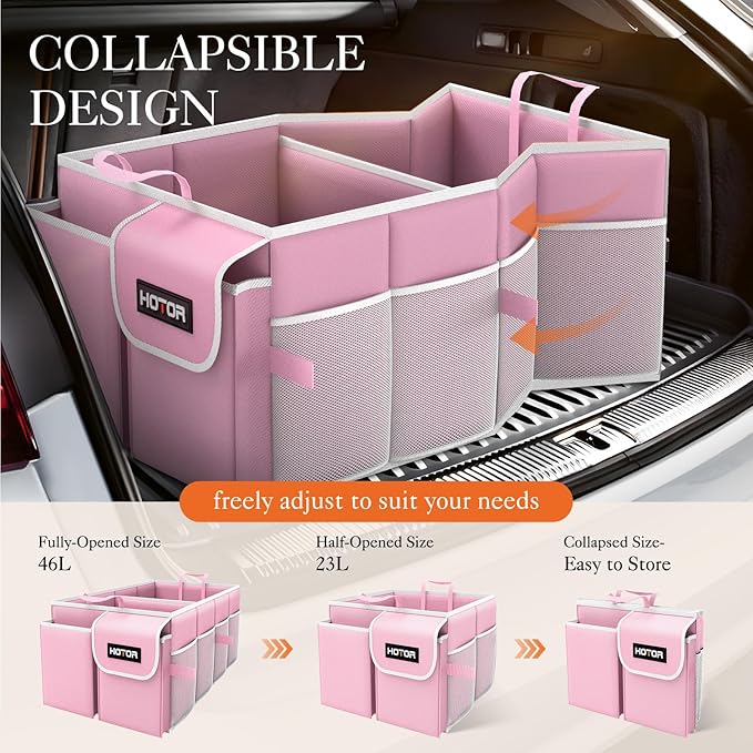HOTOR Foldable Trunk Organizer for SUVs & Sedans, Pink, 2 Compartments, 21.3"12.6"10.6