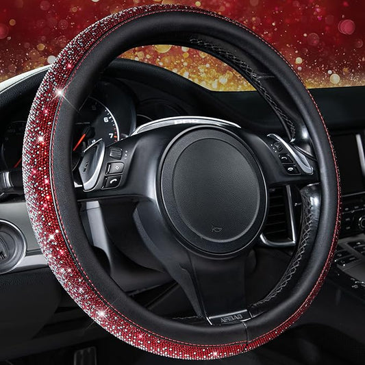 CAR PASS Bling Diamond Leather Steering Wheel Cover, Bling Sparkly Crystal Glitter Rhinestones Universal Fit 14" 1/2-15" Car Wheel Protector for Women Girl Fit Suvs,Vans,Sedans,Trucks, Red Silver