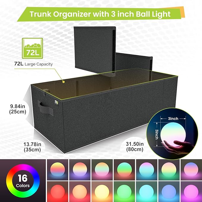 MIU Color Collapsible Trunk Organizer with Rechargeable LED Globe Lights Set for SUV, Camping, Party & Home Storage，Car Accessories for Men, Women