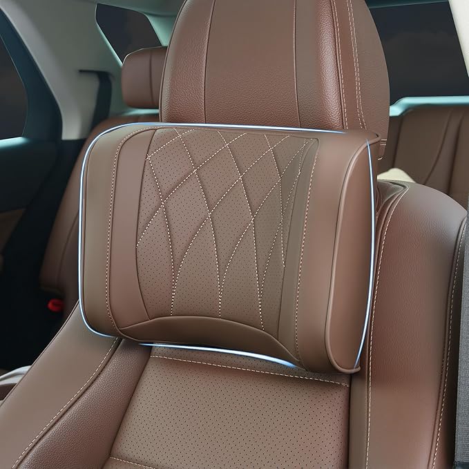 Car Headrest Pillow U-Shaped, Memory Foam Head Neck Support Cushion for Driving, Leather Head Rest Travel Pillows for Sleeping, Breathable Removable Cover, Brown, 1 Pack