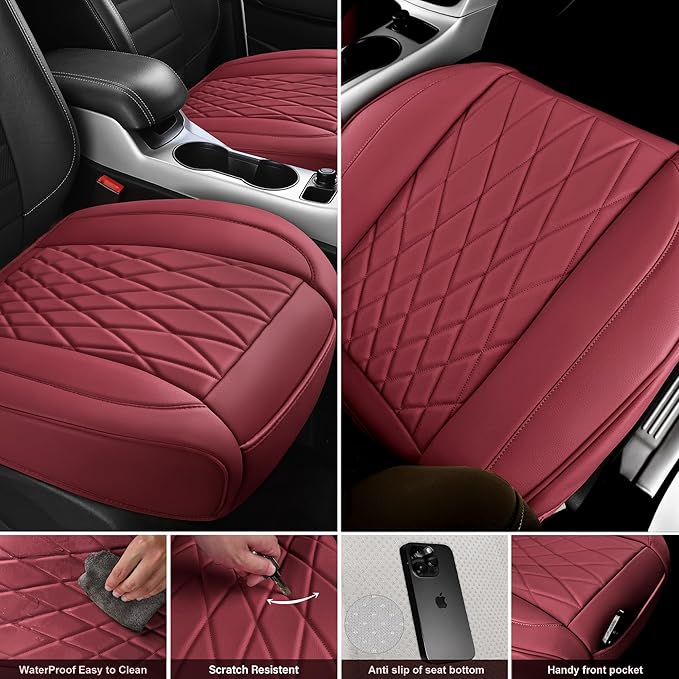 CAR PASS 2 Pack Leather Front Car Seat Covers, Bottom Seat Covers Full Wrapped with Storage Pocket, Anti-Slip Leather Seat Protectors,Waterproof Seat Cushion Pad Universal Fit Cars SUV Truck, Burgundy