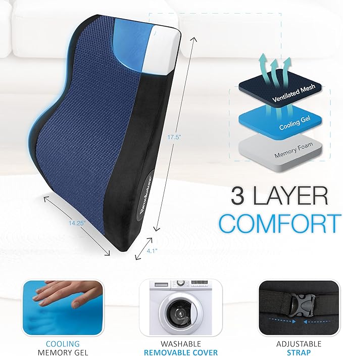 Brookstone BK1172 - Luxurious Back Support Pillow for Office Chairs and Cars, Lumbar Cushion with Premium Grade Memory Foam with Cooling Gel, Soft Plush Cover