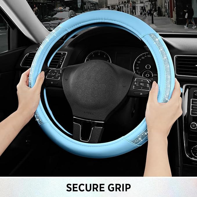 Road Comforts Steering Wheel Cover, Glitter Bling Leather Wheel Cover, Universal Fit 14.5"-15.5" Steering Wheels for Women & Girls, Anti-Slip Car Wheel Protector for Cars, Trucks, Vans, SUVs-Blue
