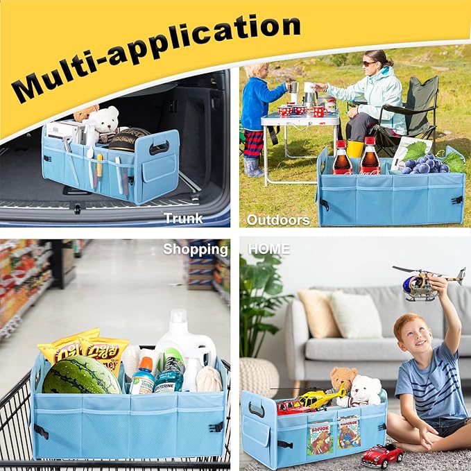 JiatuA Car Trunk Organizer, Car Organizers and Storage Collapsible Multi Compartment Container Box, Adjustable Car Accessories for SUV Sedan Truck, Standard Size, Light Blue