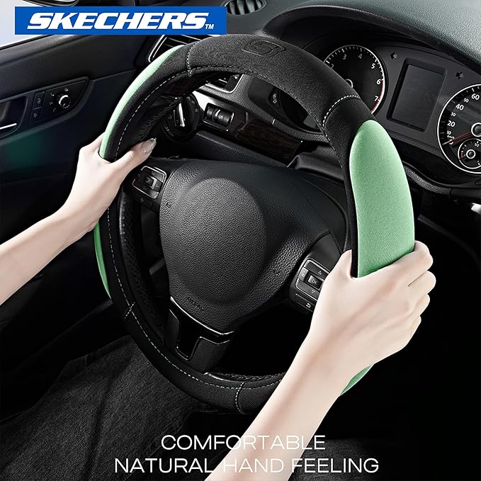 Skechers Memory Foam Steering Wheel Cover, Car Steering Wheel Cover,14.5-15inch Anti-Slip Safety Comfortable Desgin, Universal Accessory for Diverse Cars, Truck,SUV (Black & Green)