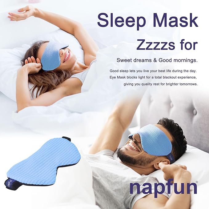 napfun Neck Pillow for Traveling, Upgraded Travel Pillow for Airplane 100% Pure Memory Foam Flight Pillow for Headrest Sleep, Travel Essentials, Luxury Sets (Optional), Striped Sky Blue Set