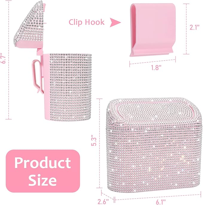 Accmor Bling Car Trash Can with Lid, Leakproof Mini Vehicle Trash Bin Automotive Dustbin Organizer Storage, Sparkling Crystal Rhinestone Trash Bag Container with 30pcs Garbage Bags Car Accessories