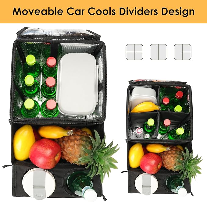 Car Seat Organizer, Backseat Car Organizer with Cup Holder Tray and Storages for Kids and Adults, Portable Travel Cooler for Car for Front or Back Seat Passenger Organizer Ccompartment (Black)