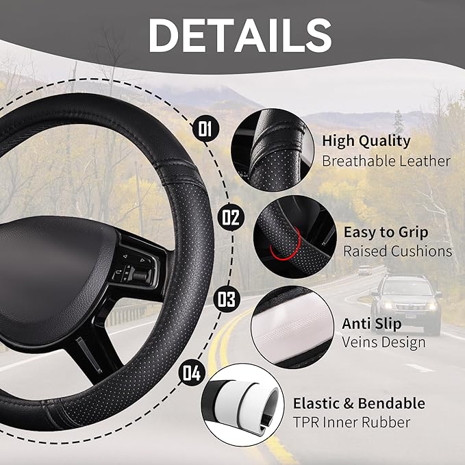 Car Pass Classical Leather Automotive Universal Steering Wheel Covers,Universal Fit for Suvs,Trucks,Sedans,Cars,Vans,14.5-15inch Anti-Slip Safety Comfortable Desgin(Black)