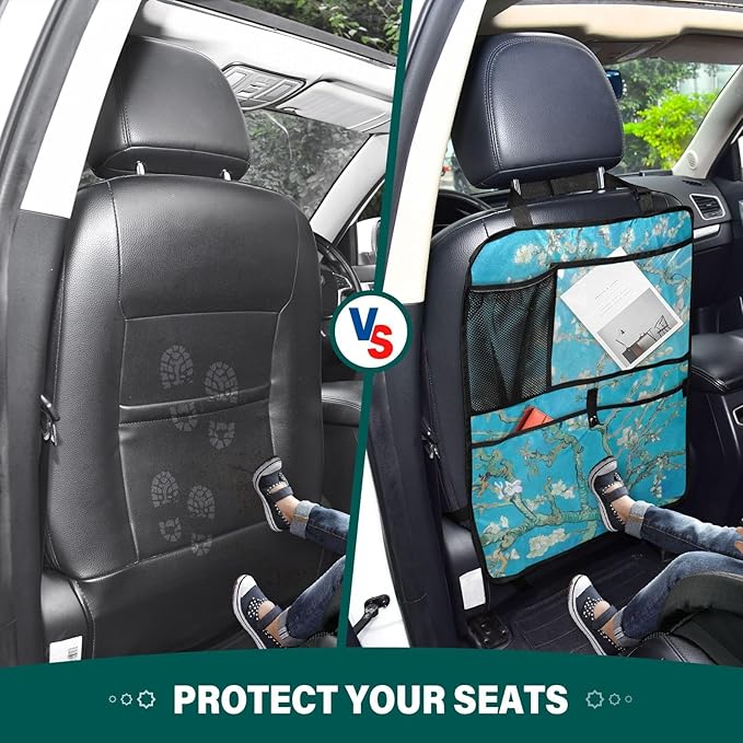 Automotive Seat Back Organizers Car Seat Organizer Waterproof Car Back Storage Kick Mat, Backseat Car Organizer with Pockets,Car Seat Protector Fit All 2Pcs Almond Blossom
