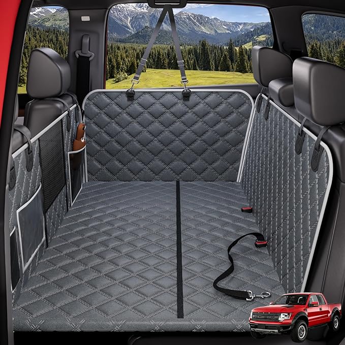 PetGenie Dog Car Seat Cover for Back Seat 10-Layer Military-Grade Protection, Hard Bottom Dog Hammock, Pet Bed Extender for Dogs, Waterproof Seat Protector Universal XL Size Fits for SUV Medium Truck