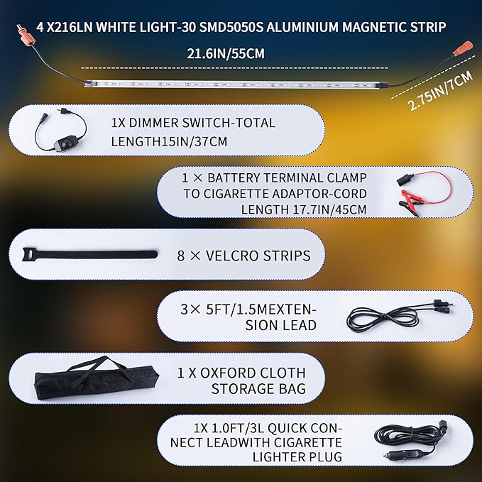 12V LED Interior Light Bar Kit, 4 Bars White Adjustable Brightness RV Camping Lights - Waterproof IP67, Magnetic & Velcro Mount, Portable Lighting for Tent, Car, Trailer, Boat, Truck, Off-Road, Cabin