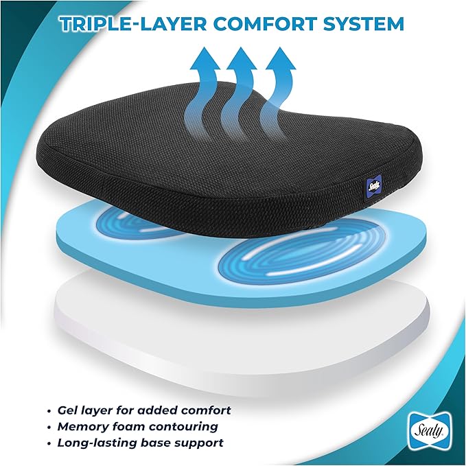 Sealy Memory Foam Car Seat Cushion – Gel Seat Cushions for Office Chairs, Tailbone Pain Relief Cushion, Cooling Pillow, Slim Fit Car Seat