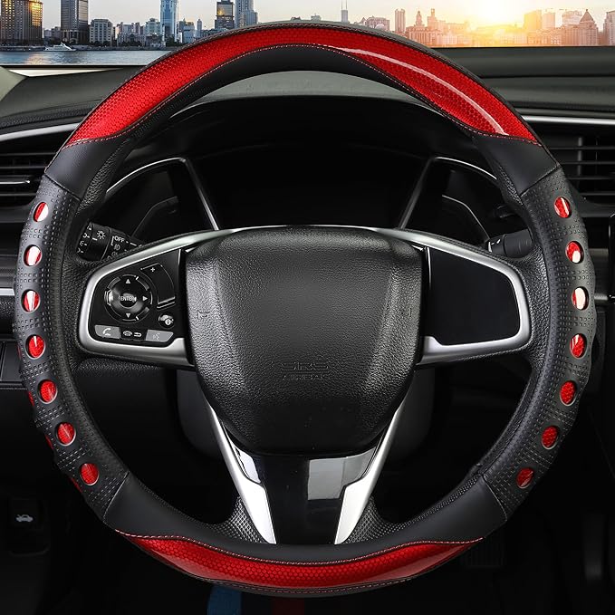 PU Leather Car Steering Wheel Cover with Anti-Slip Grip, for Women and Men, Universal Fit for 14.5-15 Inch Cars, Trucks, SUVs (Red (Round), Medium(Standard) Size[14 1/2''-15''])