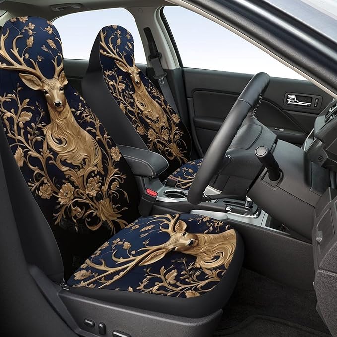 2 Pcs Premium Deer Car Seat Cover, Breathable & Washable Car Seat Covers Full Sets, Fashionable Printed Seat Covers for Cars Interior, Universal Fit for Most Cars, Sedan, Truck, SUV