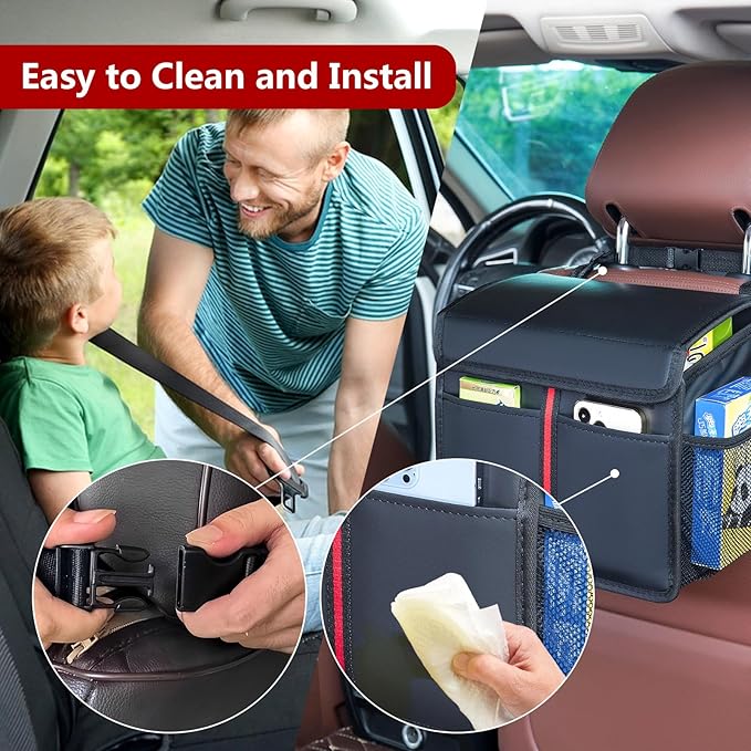 Hanging Car Seat Organizer with Lid - Premium PU Leather Backseat Organizer for Kids & Adults (Black)