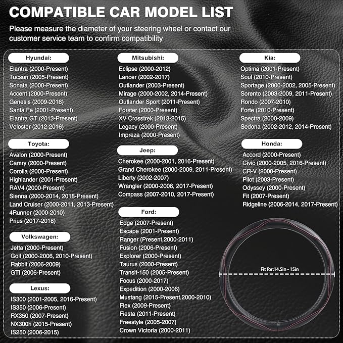 High-Grade Real Cowhide Steering Wheel Cover for Men Women，Black Genuine Leather Steering Wheel Cover for Cars,Universal 14.5-15 inch Steering Wheels