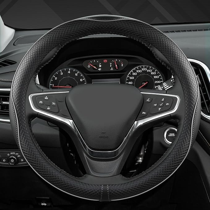 West Llama Microfiber Leather Car Steering Wheel Cover for Chevy Silverado,Tahoe,Equinox,Traverse,Trailblazer,Colorado (Black+Gray Line - Standard Size)