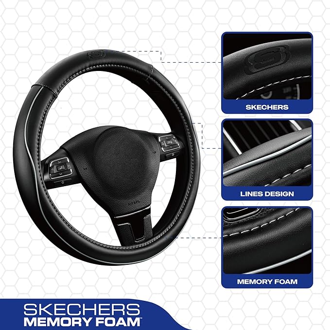 Skechers Memory Foam Steering Wheel Cover,Piping Microfiber Leather Steering Wheel Cover Sporty Universal Fit 14" 1/2-15" Car Wheel Protector for Men Women Fit Suvs,Vans,Sedans,Car,Trucks,Gray