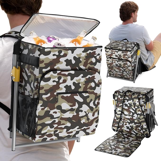 Insulated Backpack Cooler with Foldable Seat - 40 Cans, 24 Hour Cooling, Breathable Straps, Lightweight Leak Proof Liner, Portable Cooler Backpack Bag for Men Women Beach Travel Camping Picnic Hiking
