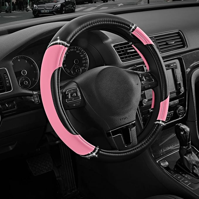 Road Comforts Leather Steering Wheel Cover - Made with PVC Leather - Anti-Slip, Universal Fit 14 1/2 inches to 15 inches - Pink