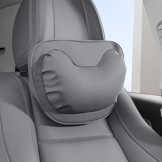 Car Neck Pillow [No More Pressure] Soft Comfortable Premium Leather Headrest with Adjustable Strap – Ergonomic Support for Driving, Office & Gaming, Gray, 1 Pack