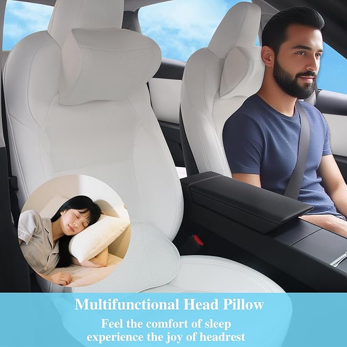 Car Headrest Pillow 100% Memory Foam, Breathable Removable Leather Cover, Premium Seat Support Head Neck Cushion for Driving Travel Home Office, White, 1 Pack