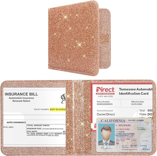 CoBak Car Registration and Insurance Holder - Small and Lightweight Vehicle Glove Box Car Organizer, Auto Truck Comparment Accessories Case for Essential Document, Driver License (Glitter Rosegold)