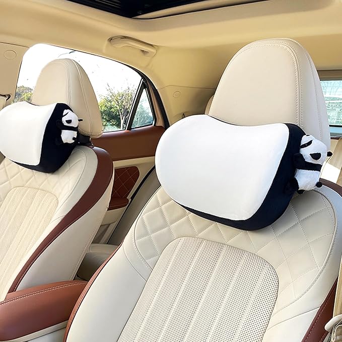 Car Headrest Pillow 2PCS Cute Car Seat Neck Pillow Car Decor Accessories Memory Foam Neck Support Cushions for Comfortable Driving Easy Install & Washable (Panda Black)