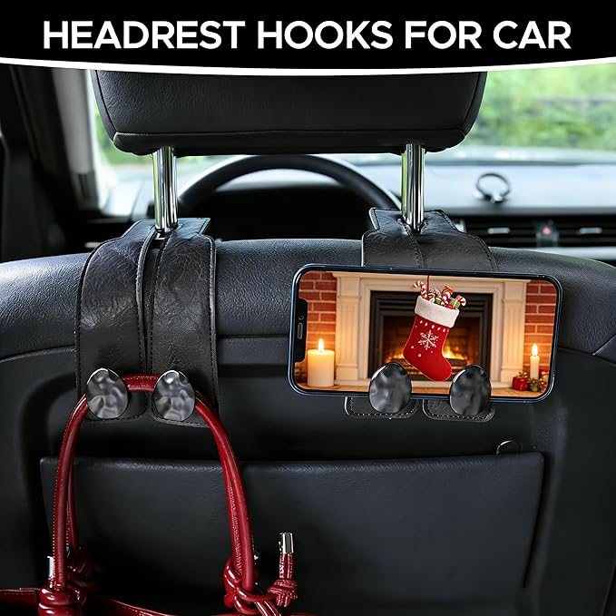 2PCS Leather Car Seat Hooks for Headrest, Vehicle Hanger Storage Organizer Universal for Handbag Purse, Car Accessories Gift (Black-Black)