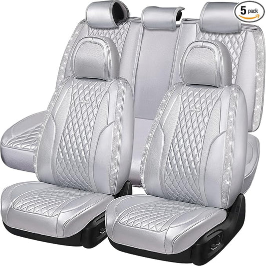 CAR PASS Nappa Leather Car Seat Covers for Full Set Bling Silver Diamond Universal Luxury Cushion, Waterproof Anti-Slip Seat Protector Fit for Women SUV Sedan Sparkly Glitter Crystal White Rhinestone