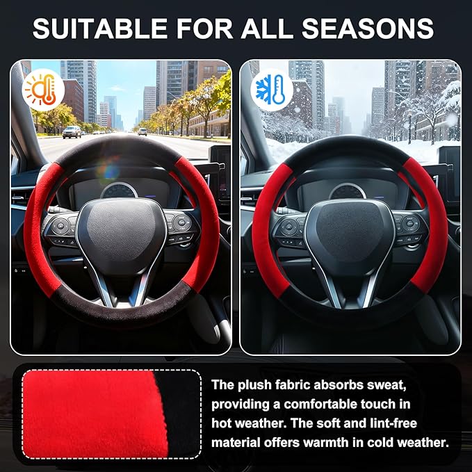 SEG Direct Steering Wheel Cover for Car, Standard Size 14.5-15 inch, Auto Interior Accessories, Warm Plush, Summer Winter, Black and Red