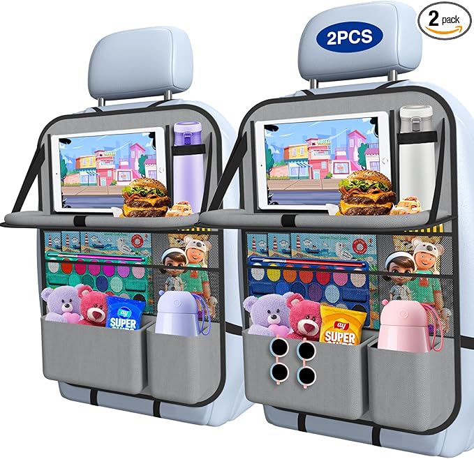 2PACK-Car Backseat Organizer with Touch Screen Tablet Holder,9 Storage Pockets Storage Organizer with Foldable Food Tray, Protector Kick Mats for Kids, Travel Accessories Organizer (Grey)