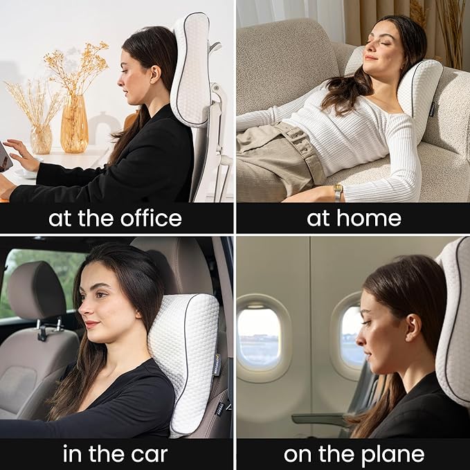 Memory Foam Travel Pillow with Washable Cover & Carry Bag – Compact, Soft & Breathable Neck Pillow for Airplane, Camping & Car (White- with Extra Gray Cotton Cover, 13.8x11.8x3.9/3.1 inches)