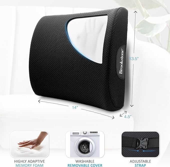 Brookstone BK1209 - Luxurious Lumbar Support Pillow for Car or Office Chair, Back Cushion with Premium Grade Memory Foam, Breathable and Washable Cover, Adjustable Strap