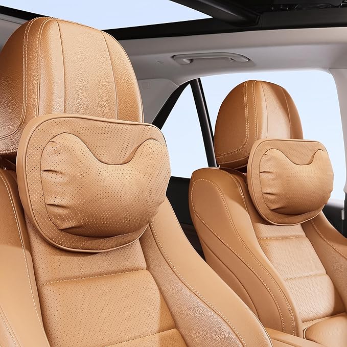 Car Neck Pillow [No More Pressure] Soft Comfortable Premium Leather Headrest with Adjustable Strap – Ergonomic Support for Driving, Office & Gaming, Palomino Brown, 2 Pack
