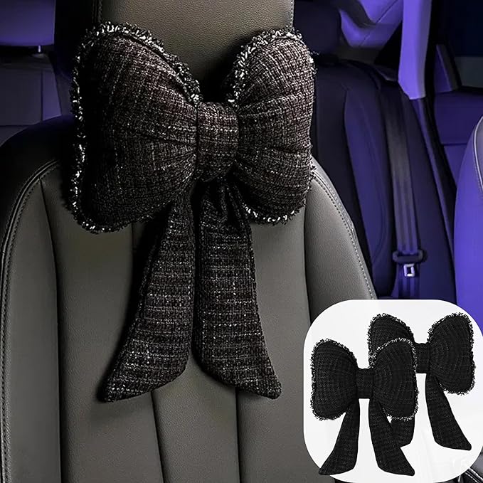 2-Pack Cute Bow Car Headrest Pillow Unique French-Inspired Bouclé Fabric Neck Support Cushion for Women Fits Most Cars (Black)