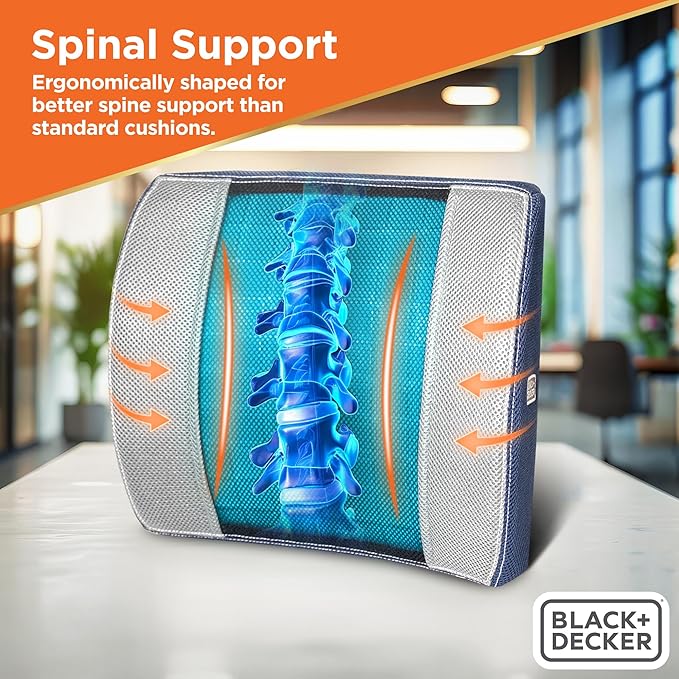 BLACK+DECKER Cooling Gel Lumbar Memory Foam Cushion – Ergonomic Back Support Travel Pillow with Ventilated Mesh, Adjustable Strap, Slow Rebound Memory Foam, Washable Cover